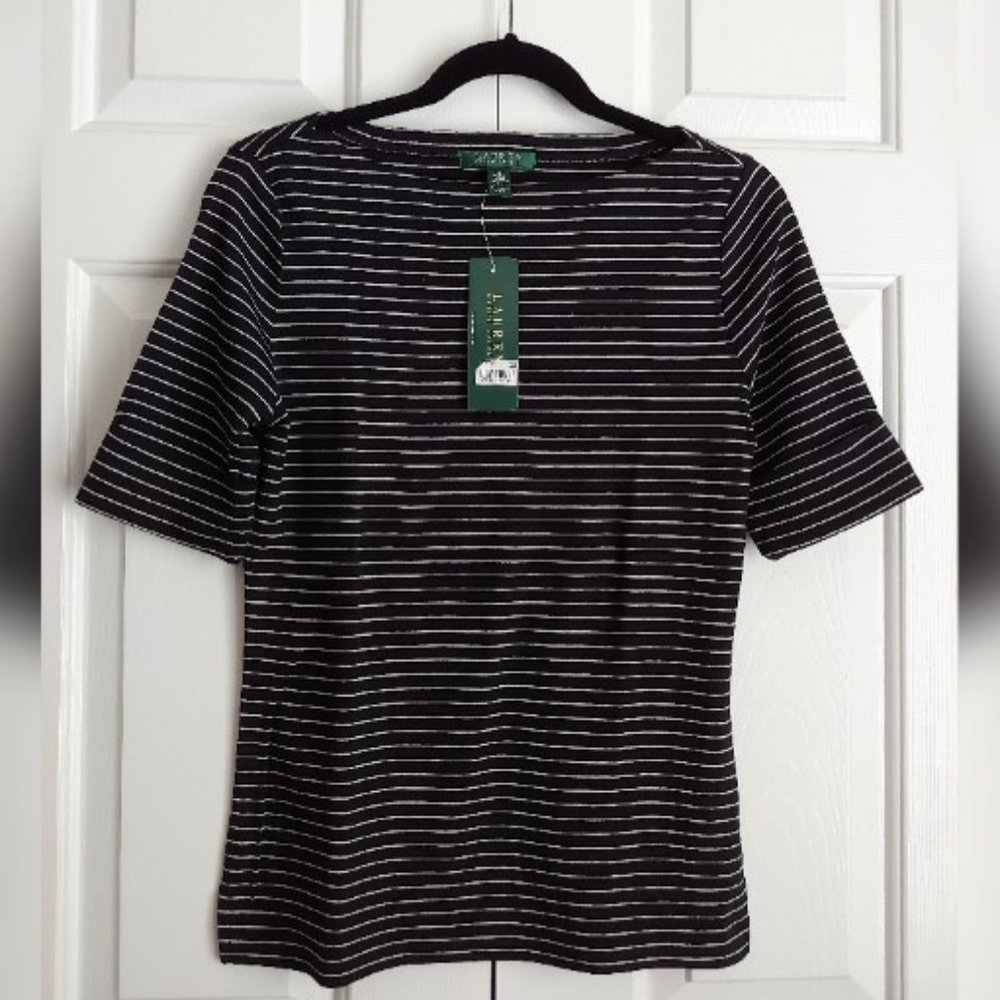 RALPH LAUREN Stripped B&W Boatneck T Shirt Cuffed Short Sleeves M NWT